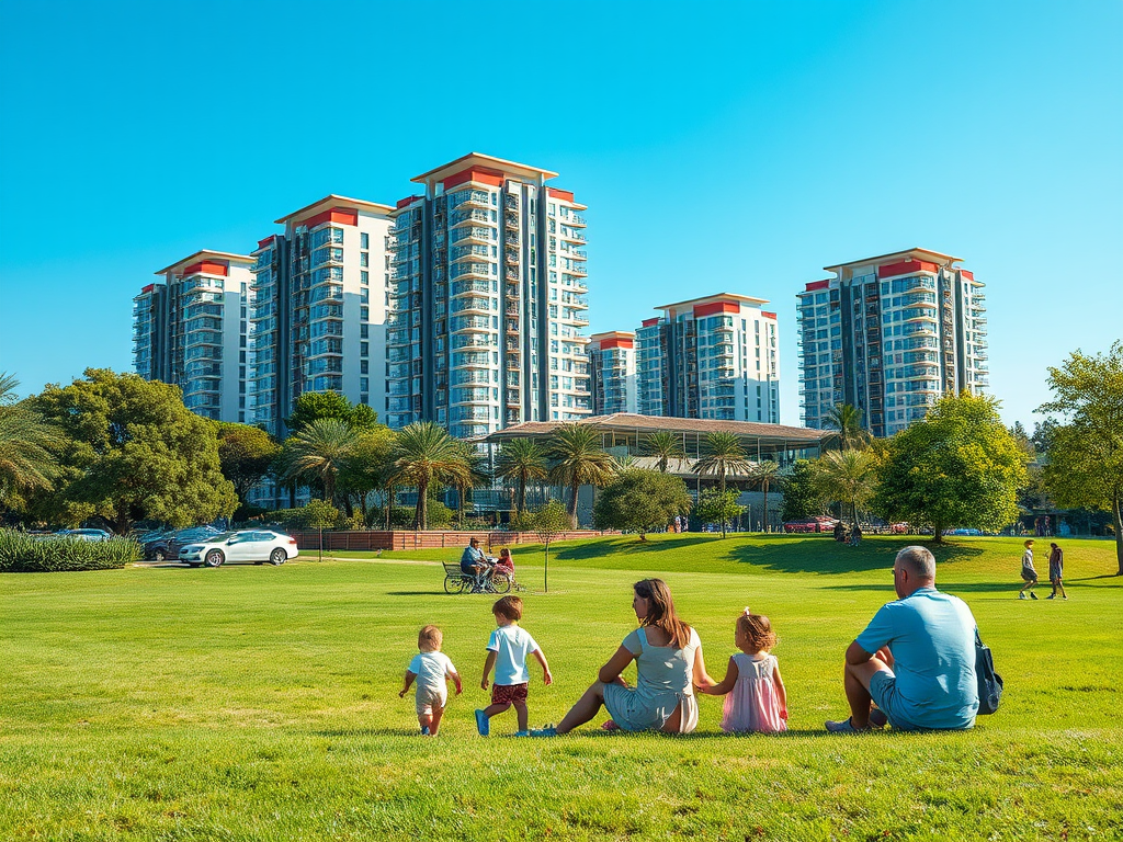 A family sits on a grassy area, enjoying the sunny day with modern high-rise buildings in the background.