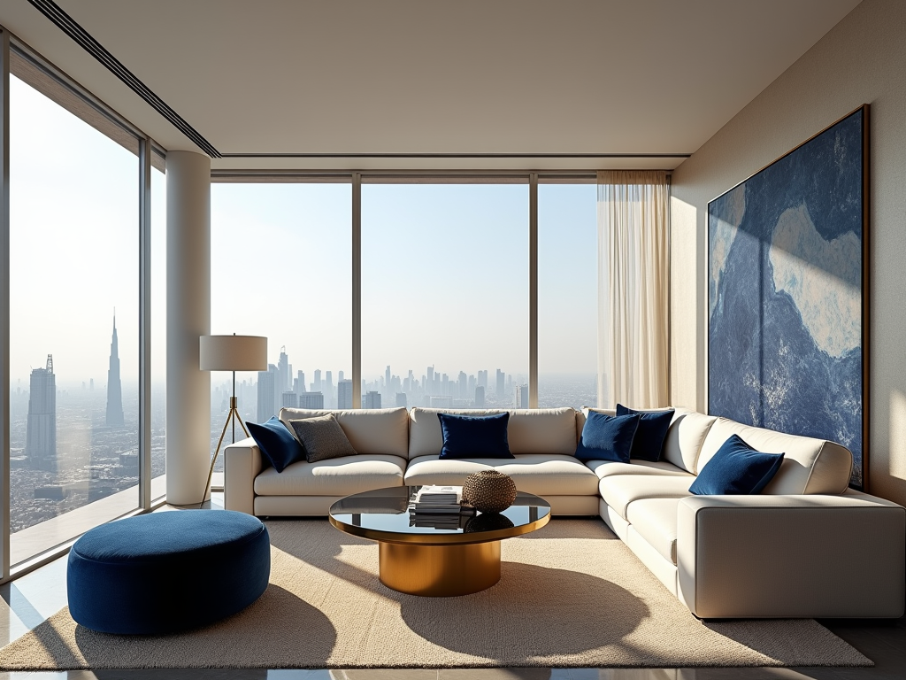 Modern living room with large windows overlooking a city skyline, white sofa, blue cushions, and a large abstract art piece.