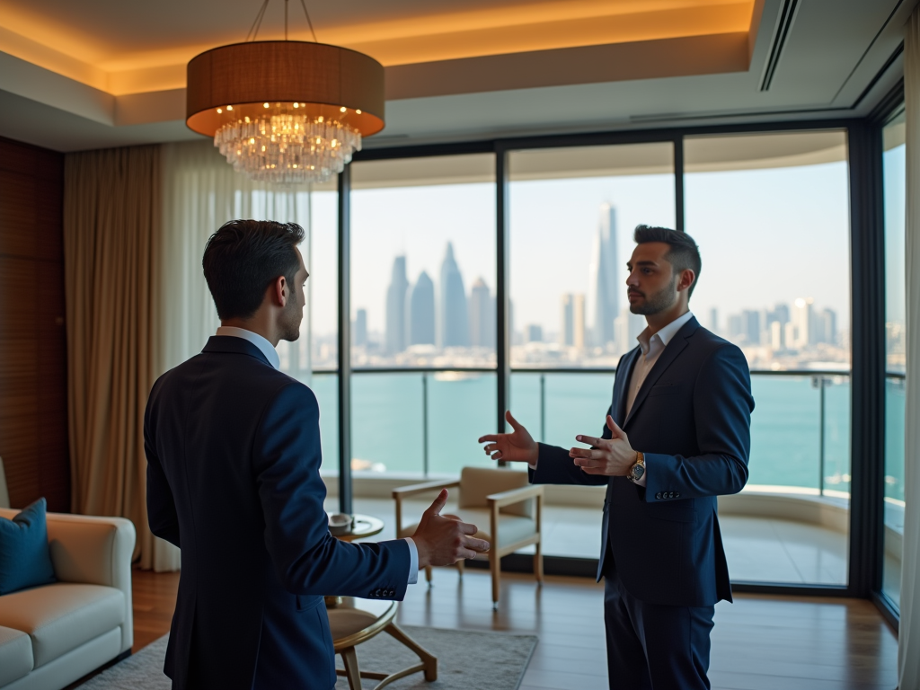 Two men in suits having a discussion in a luxurious room with a city skyline view through large windows.