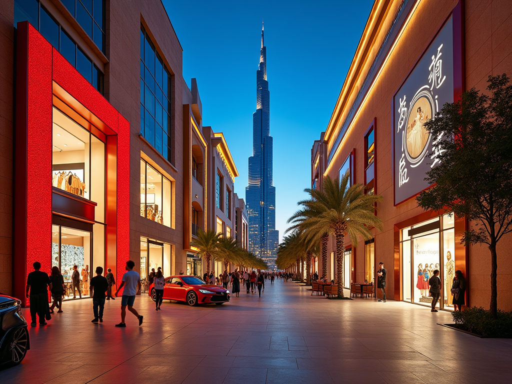 "Bustling shopping district at dusk with illuminated storefronts, palm trees lining the walkway, and a tall tower in the background."