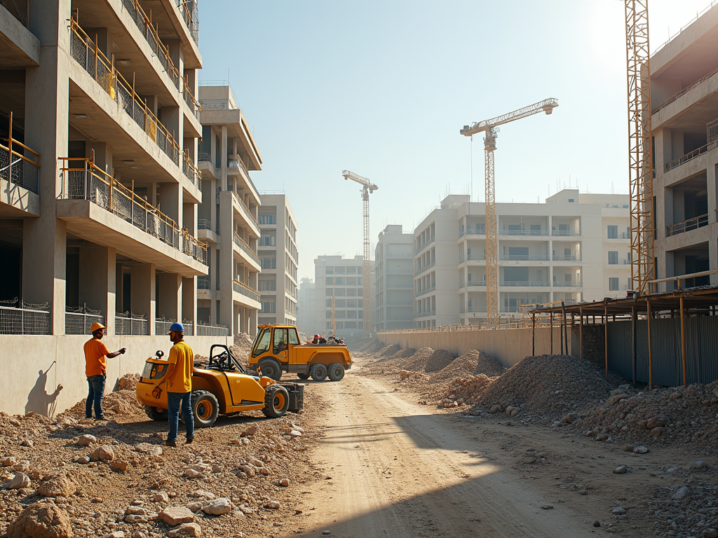 Construction site with workers, a yellow digger, and cranes by unfinished buildings under a clear sky.