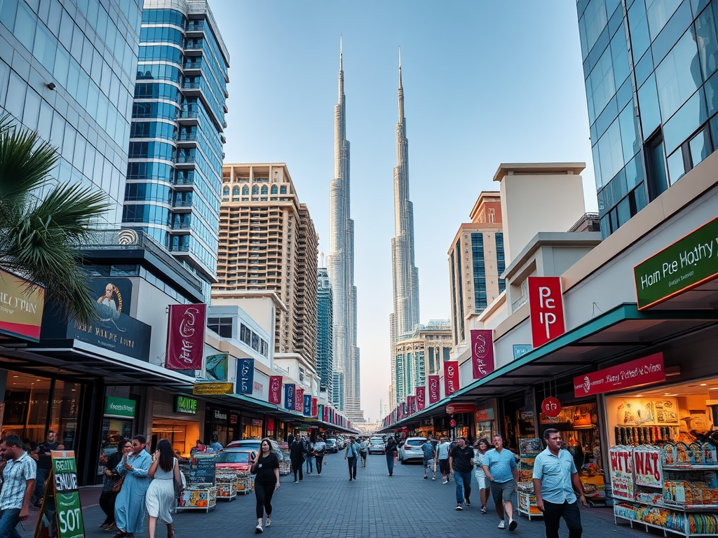 A bustling street lined with shops, featuring the towering Burj Khalifa in the background under a clear blue sky.