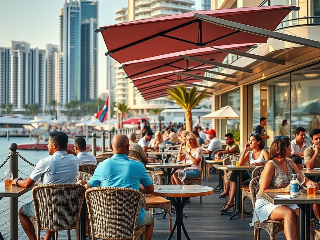 A vibrant outdoor restaurant scene by the waterfront, with patrons enjoying drinks and city views under umbrellas.