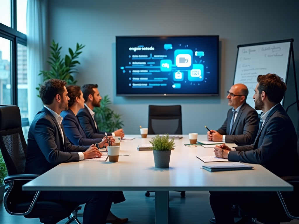 Business professionals in a meeting, focusing on a digital presentation.