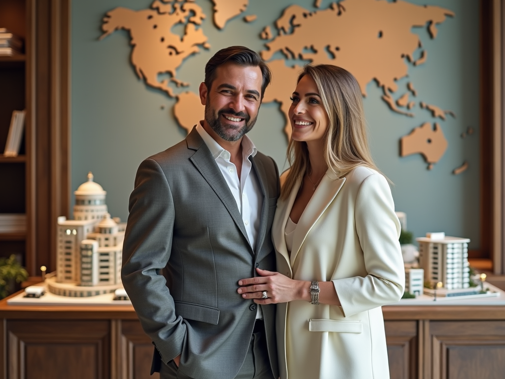 A smiling man and woman in business attire standing in front of a wall map in an office.