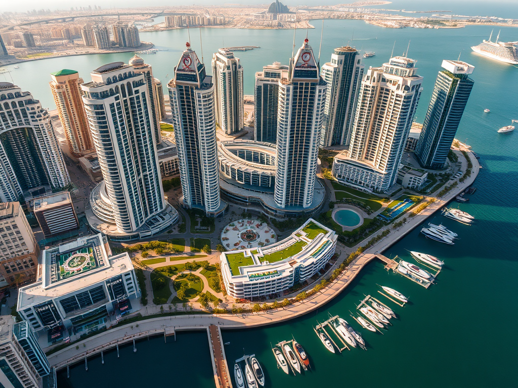 Aerial view of a modern waterfront area with high-rise buildings, yachts, and a marina in a coastal city.