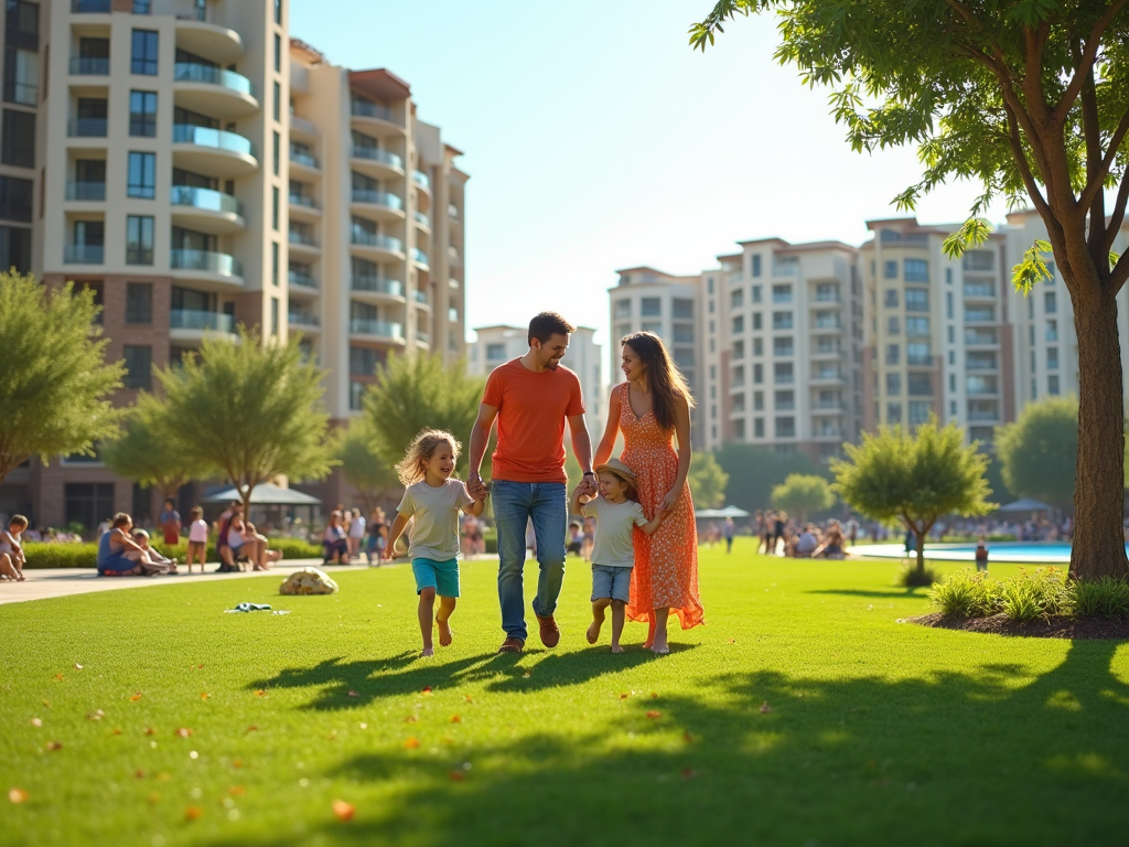 Family of four walking happily in a park, with modern apartment buildings in the background.