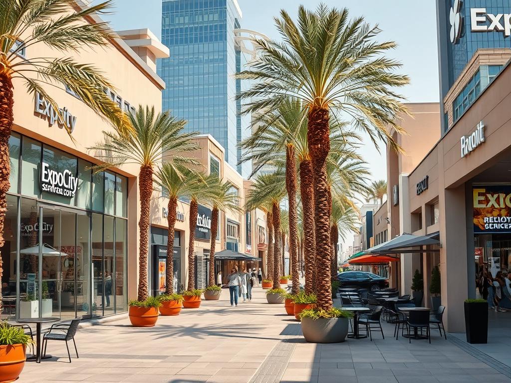 A sunny shopping promenade lined with palm trees and modern storefronts, featuring outdoor seating areas.