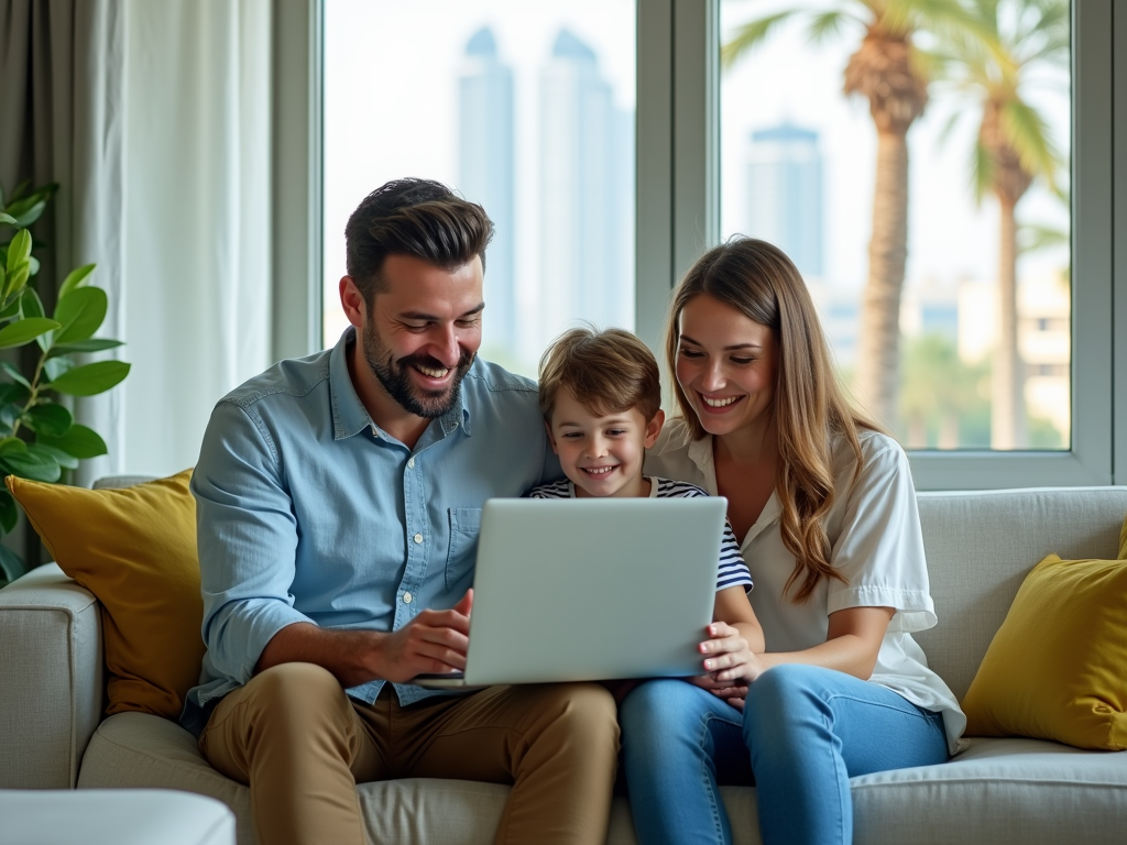 Family with small child happily using laptop on sofa, windows showing palm trees and skyscrapers.