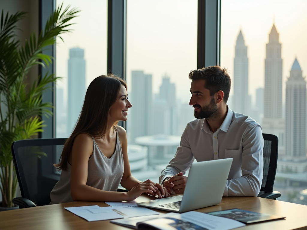 Man and woman conversing at a desk with a laptop, in an office with cityscape background.