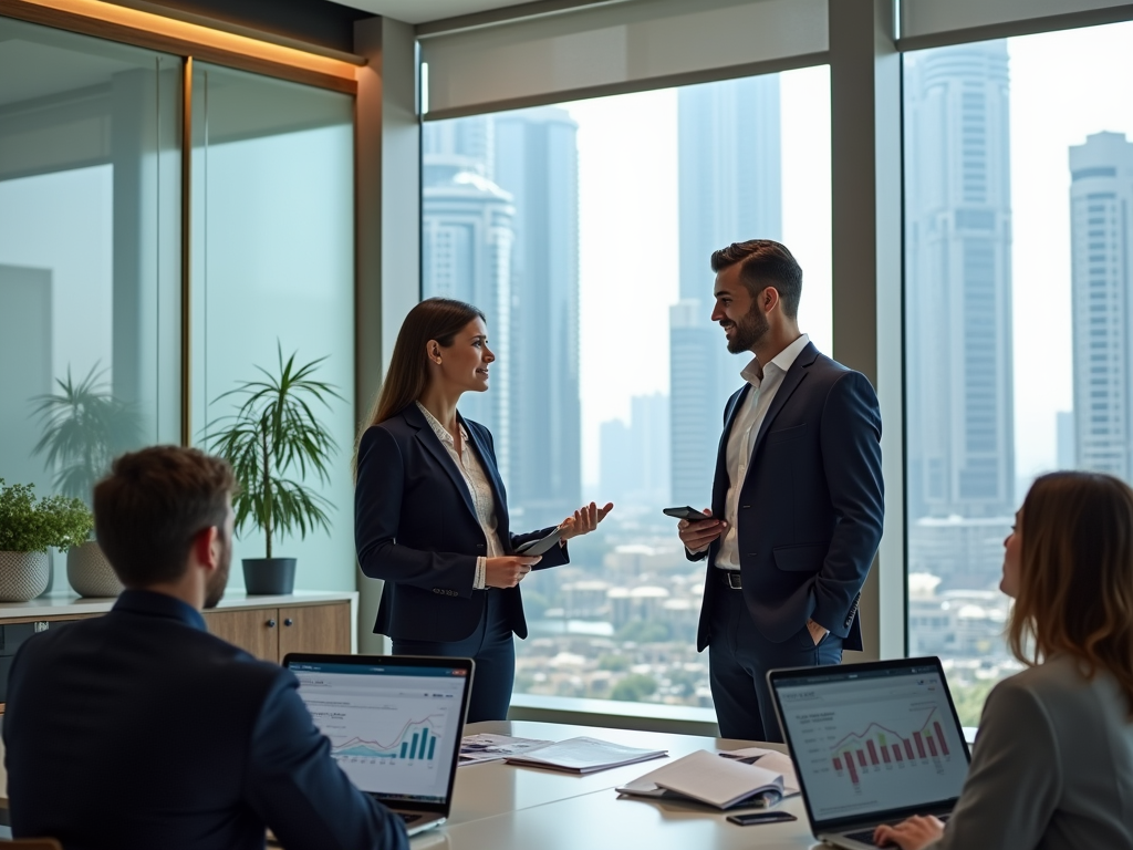 Two professionals engaged in a discussion in a modern office with a city skyline view.