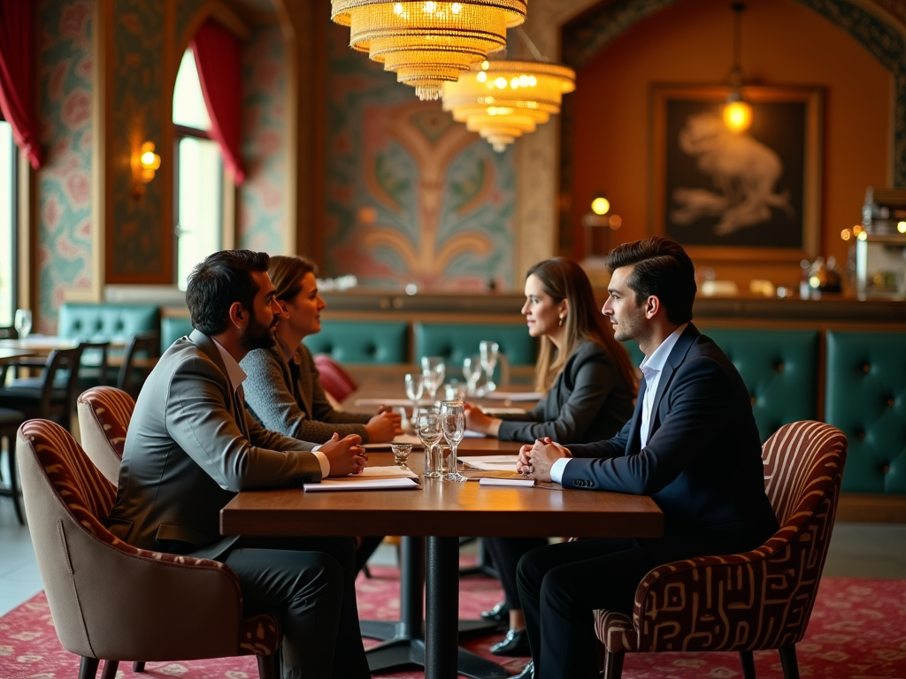 Four business professionals in a meeting at an elegant restaurant with opulent decor.