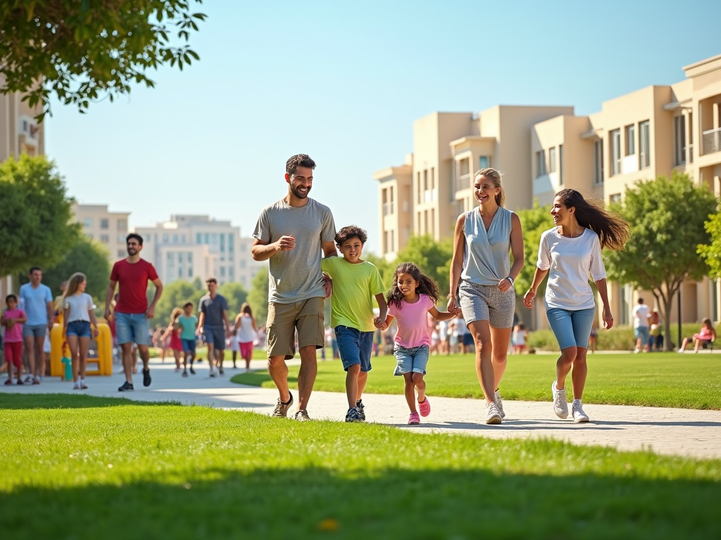 A family enjoying a sunny day walking in a park, with other people around.