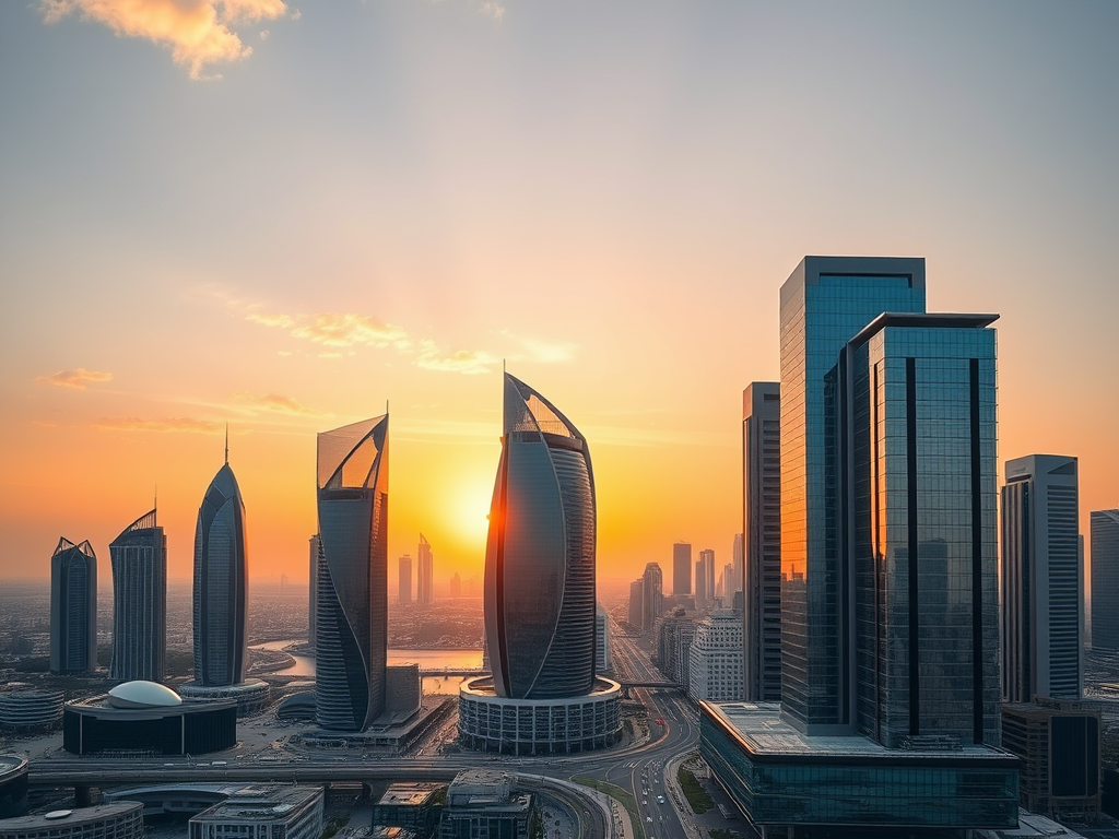 A stunning city skyline at sunset, featuring modern skyscrapers and a beautiful orange glow in the sky.