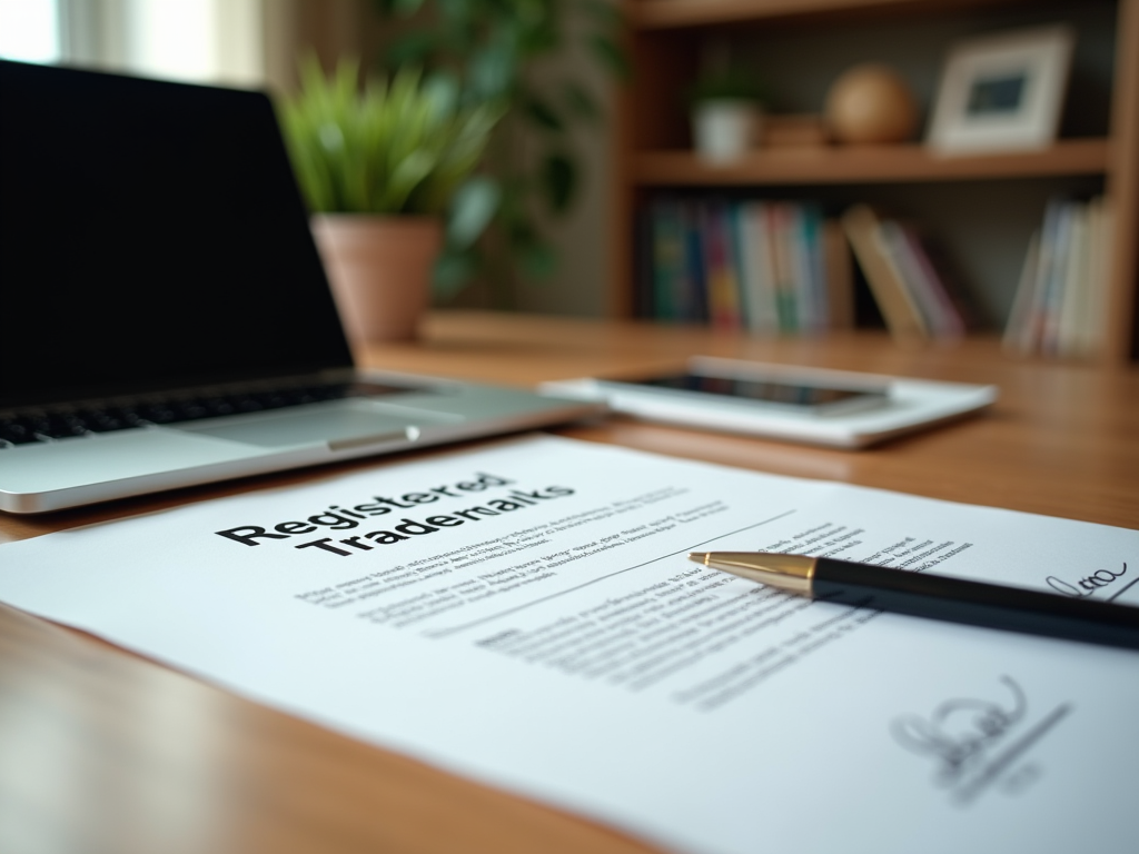 A close-up of a "Registered Trademark" document with a pen on it, next to a laptop and tablet on a desk.