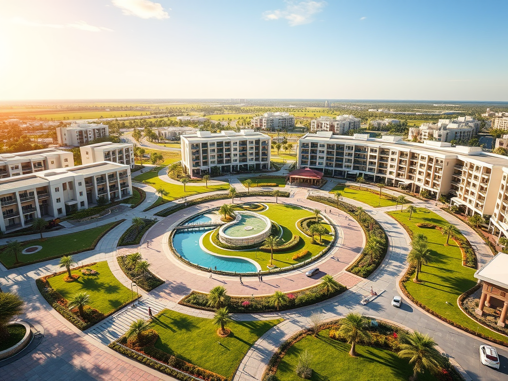 Aerial view of a modern resort with circular landscaping, a fountain, and buildings surrounded by lush greenery.