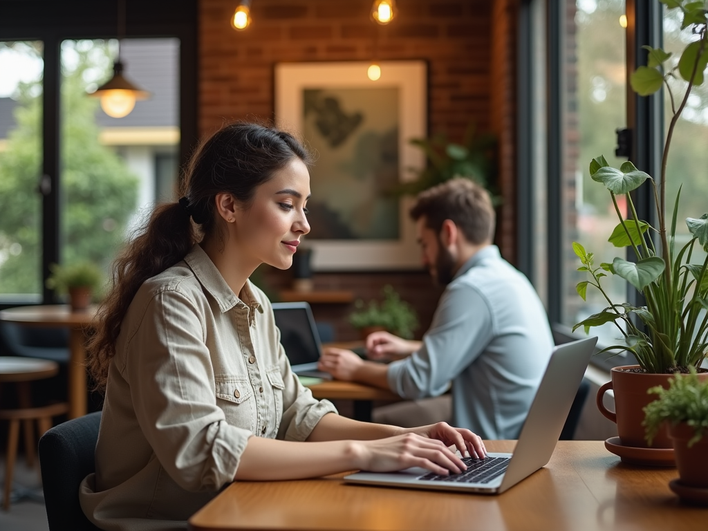 Woman typing on laptop in cozy café with man in background.