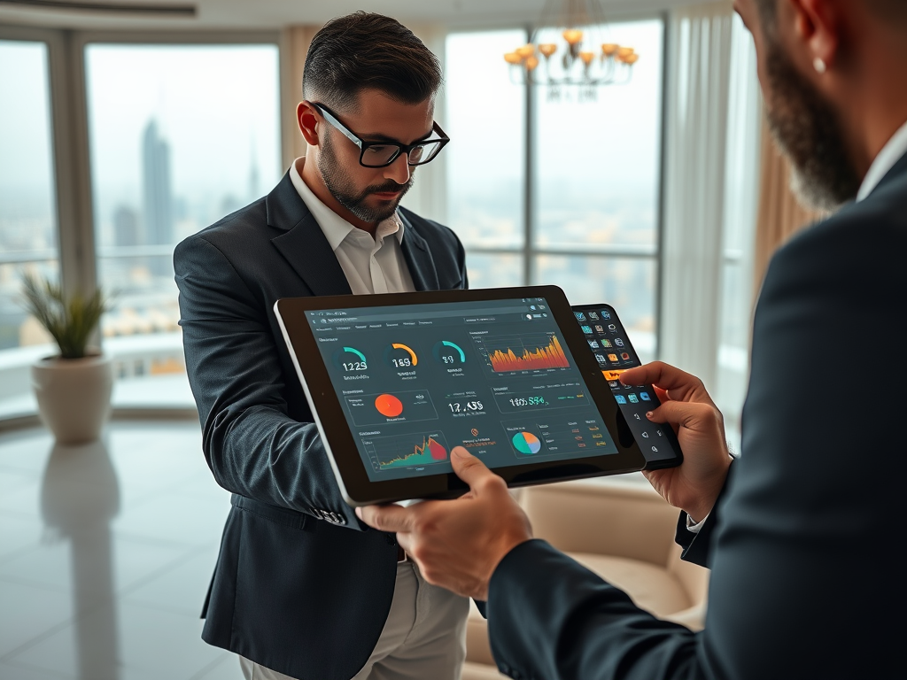 Two men in business suits interact indoors, analyzing data on a tablet and smartphone, with a city view behind them.