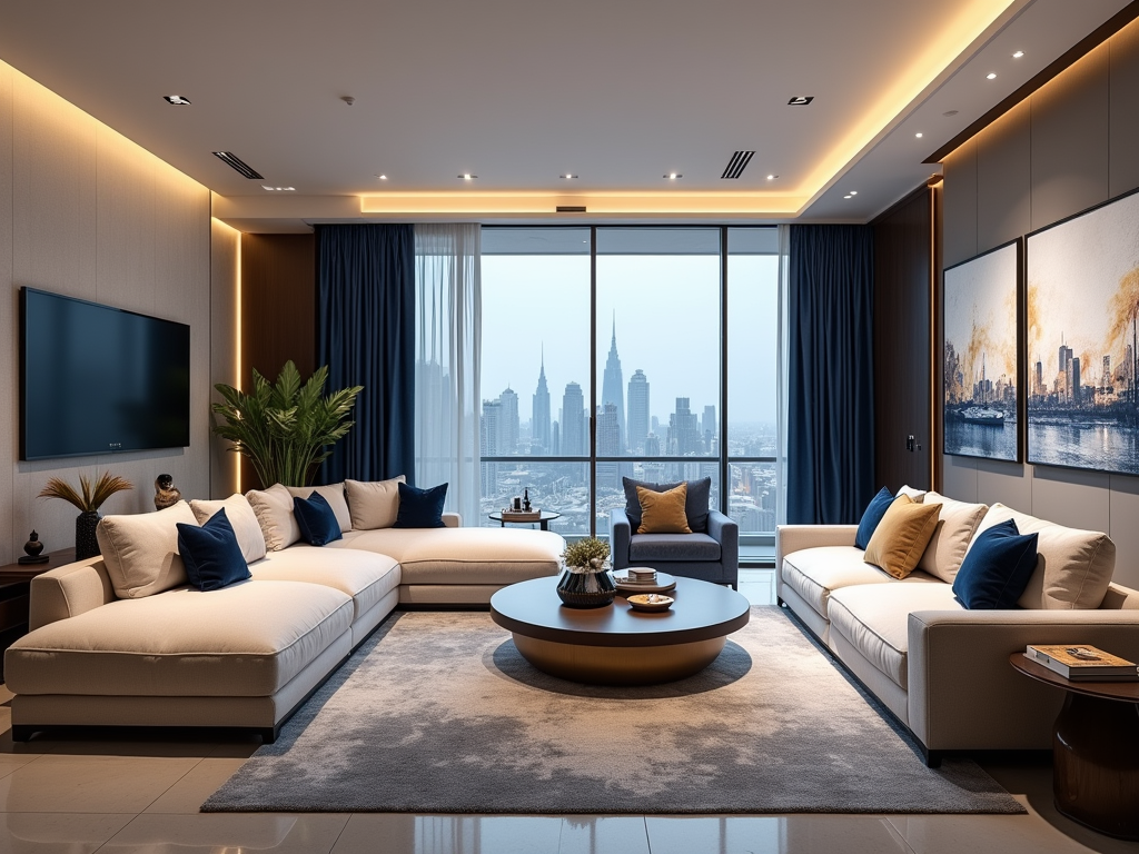 Luxurious living room with large windows overlooking a city skyline, stylish sofas, and elegant decor.