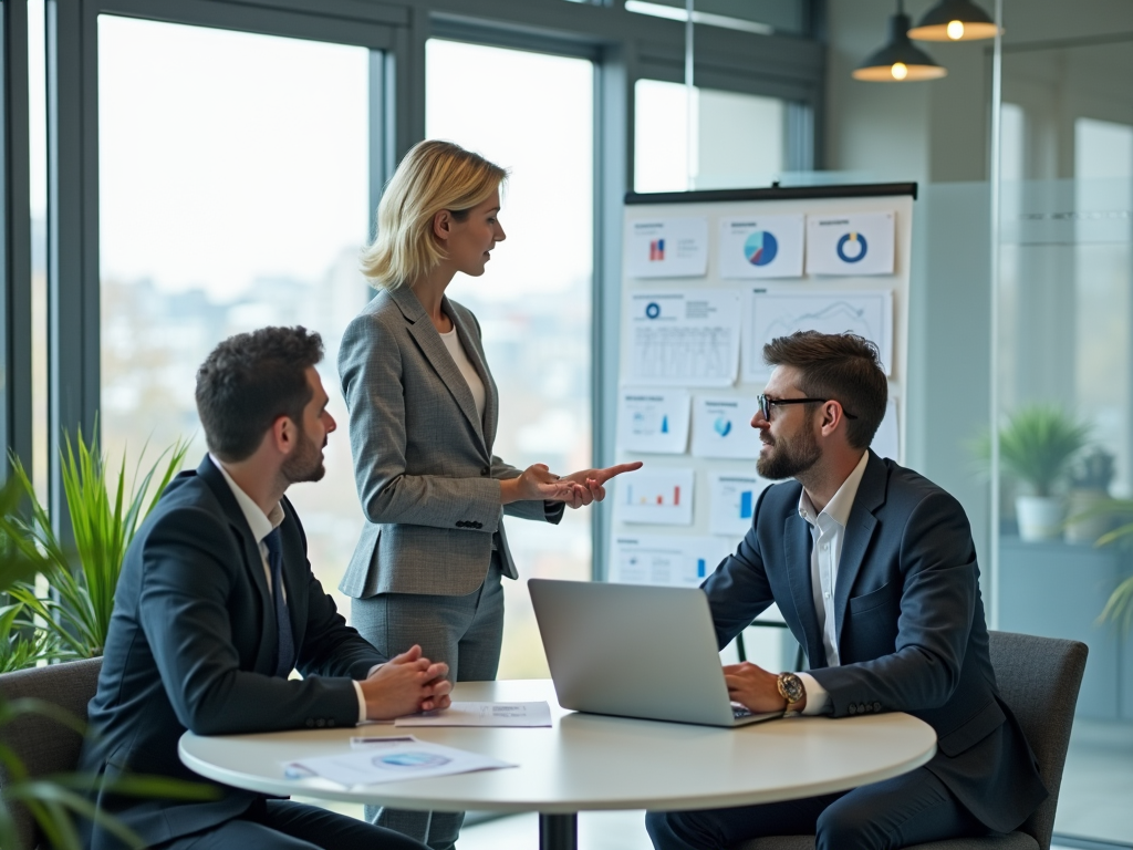 Businesswoman presenting to two male colleagues with charts in the background.