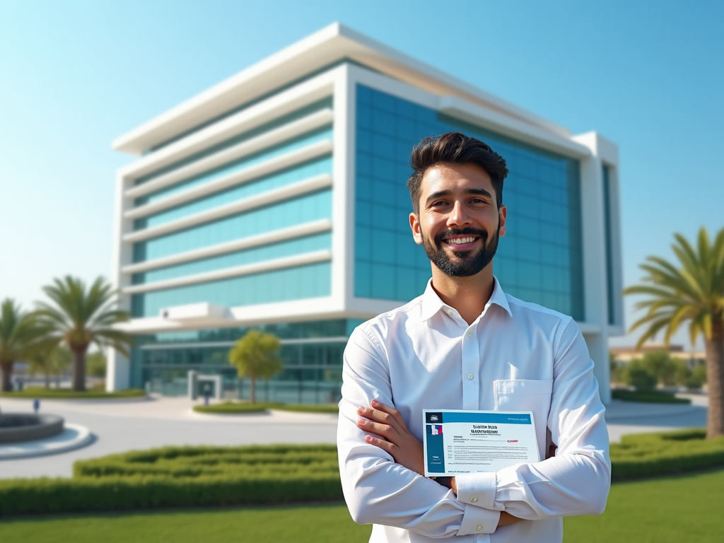 Smiling man holding a badge stands in front of a modern office building.