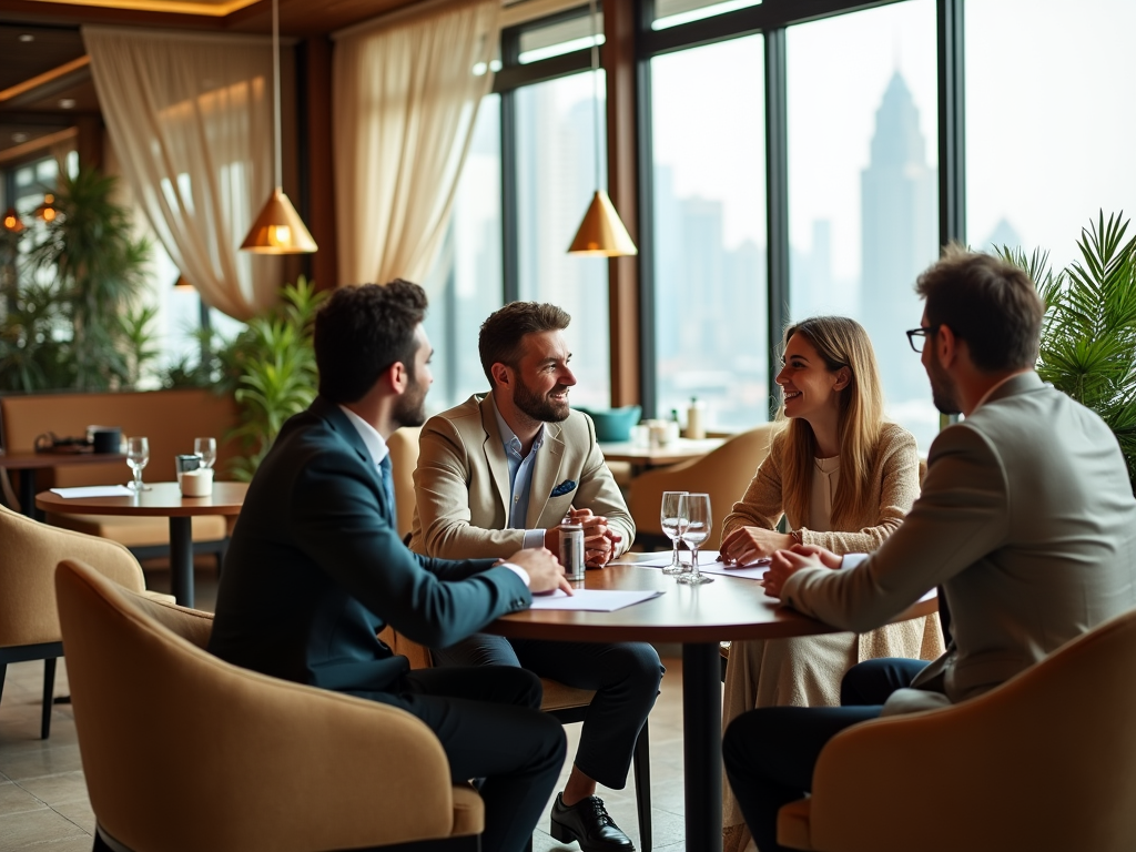 Four business professionals in a discussion at a restaurant with city views.