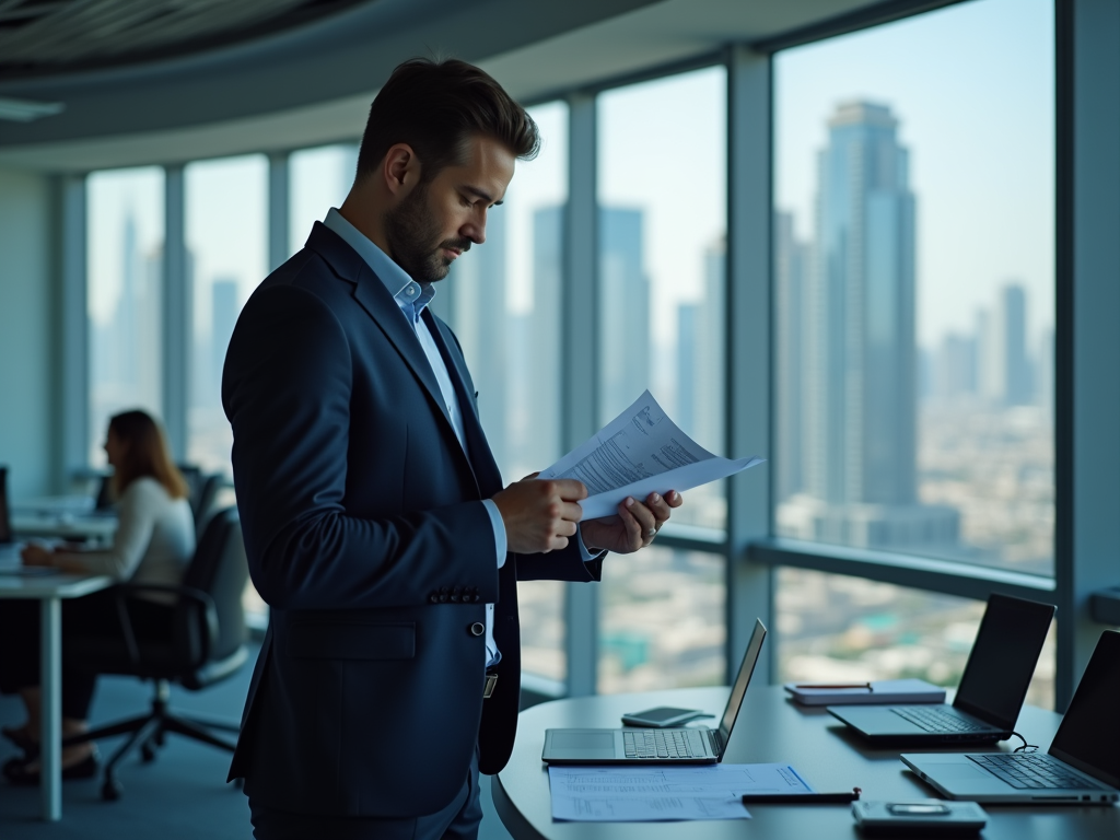 Man in suit reviewing documents in office with city skyline in background.