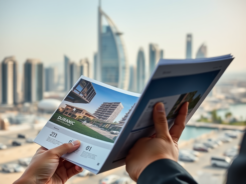 A person holds a brochure showcasing modern buildings, with a city skyline and waterfront in the background.