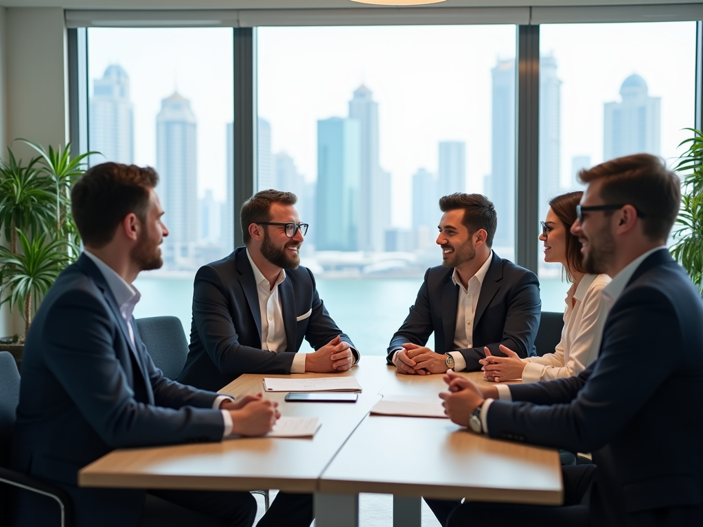 Five business professionals having a meeting in a room with a city skyline view.