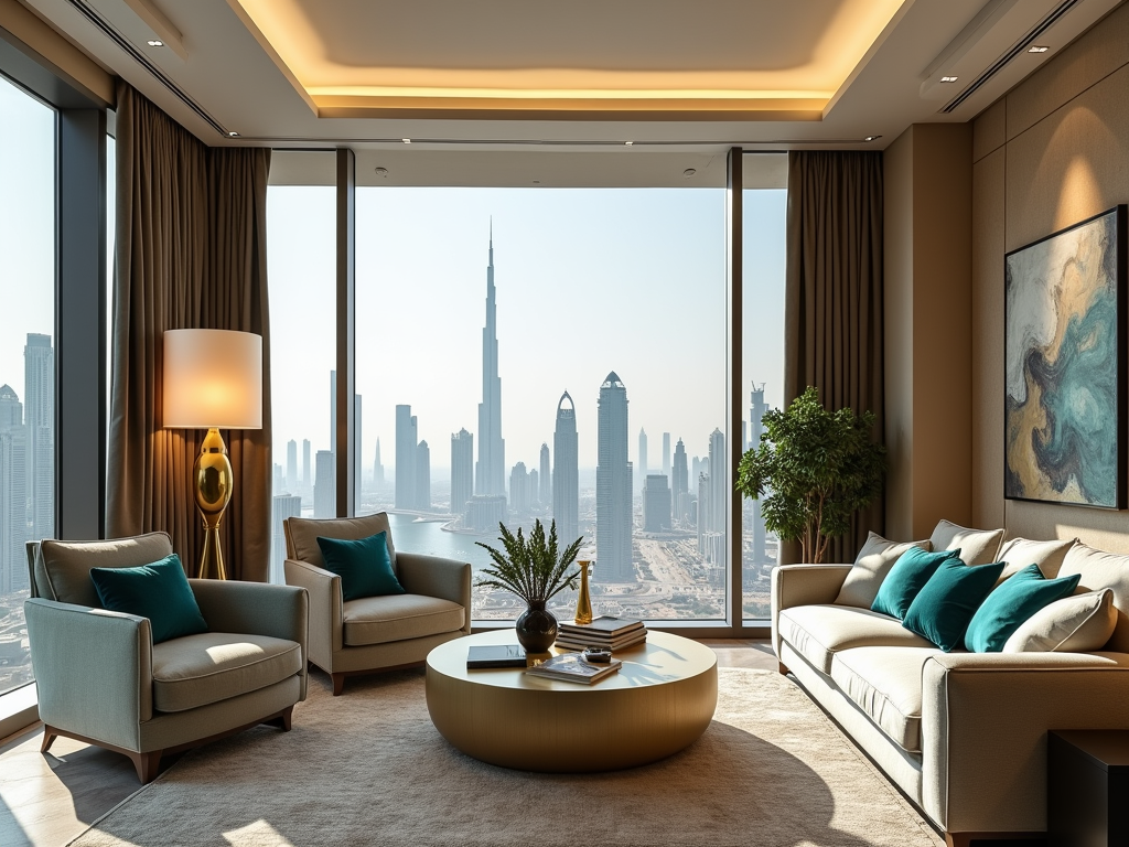 Luxury living room with floor-to-ceiling windows overlooking a city skyline.