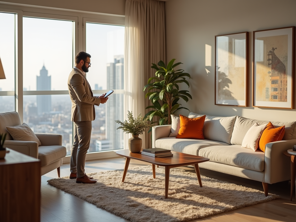 Man in suit using tablet in sunlit living room with cityscape view.