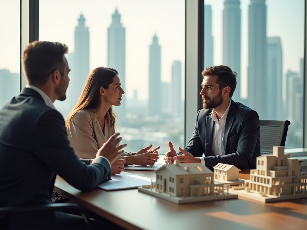 Three business professionals discussing projects over architectural models in a high-rise office with cityscape.