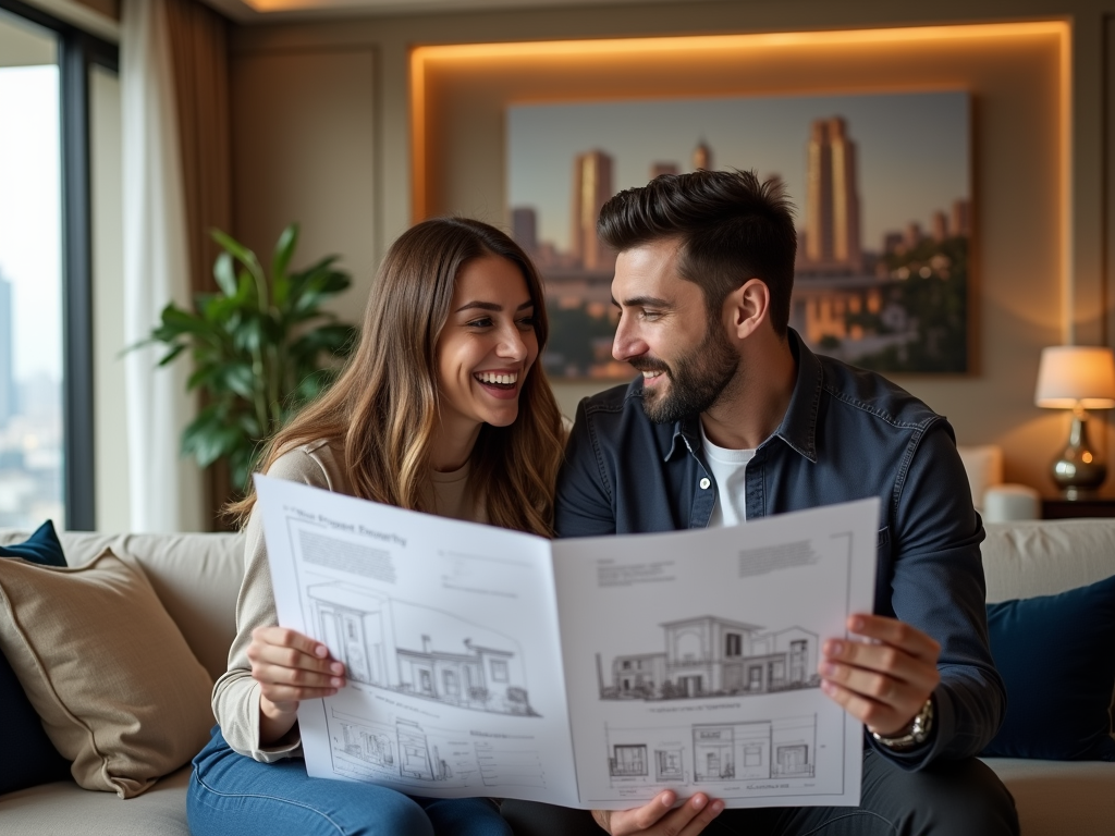 A joyful couple looks at house plans together on a couch, in a well-decorated room with city view.