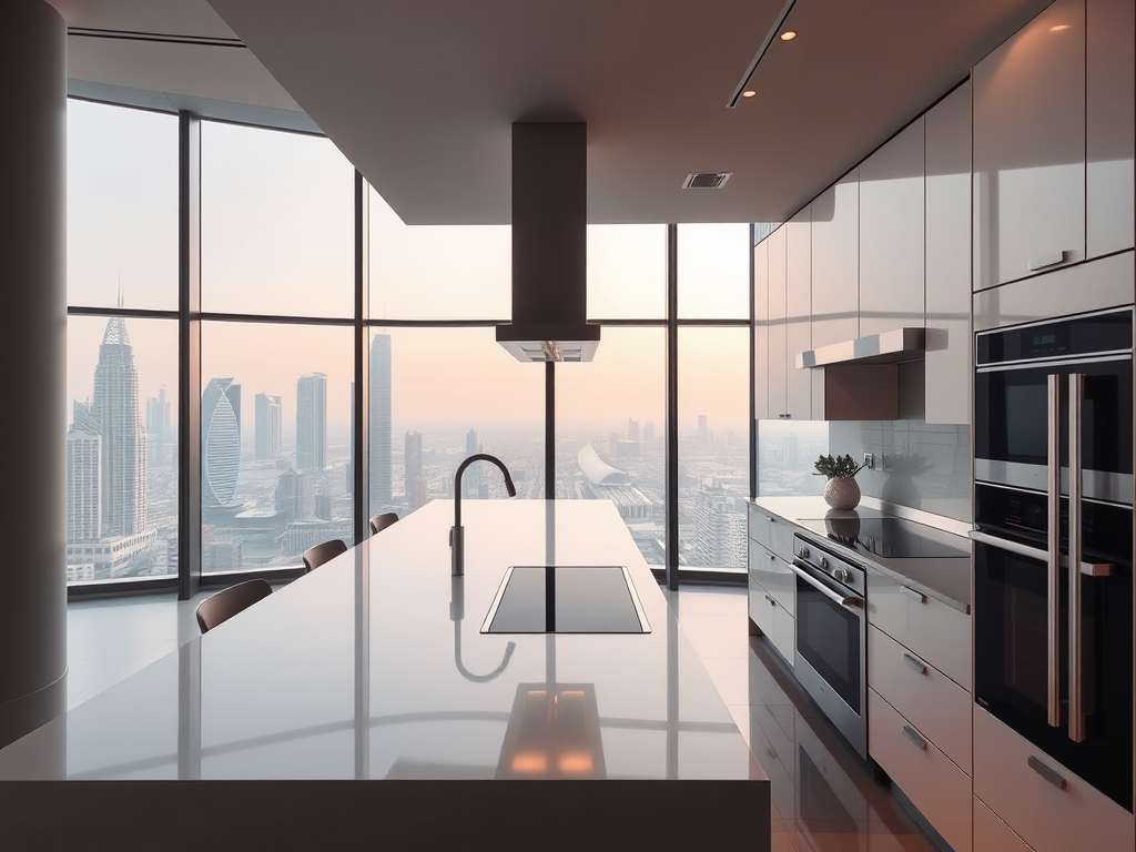 A modern kitchen with sleek cabinetry and a stunning view of the city skyline at sunset through large windows.