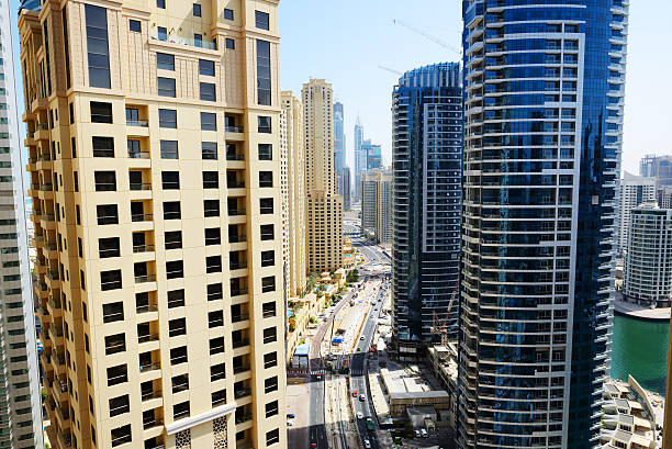 Skyscrapers and high-rise buildings in Dubai, showcasing urban real estate development projects.